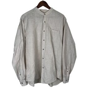 Eddie Bauer Mens Large Linen Blend Striped Mandarin Collar Shirt Beige Coastal